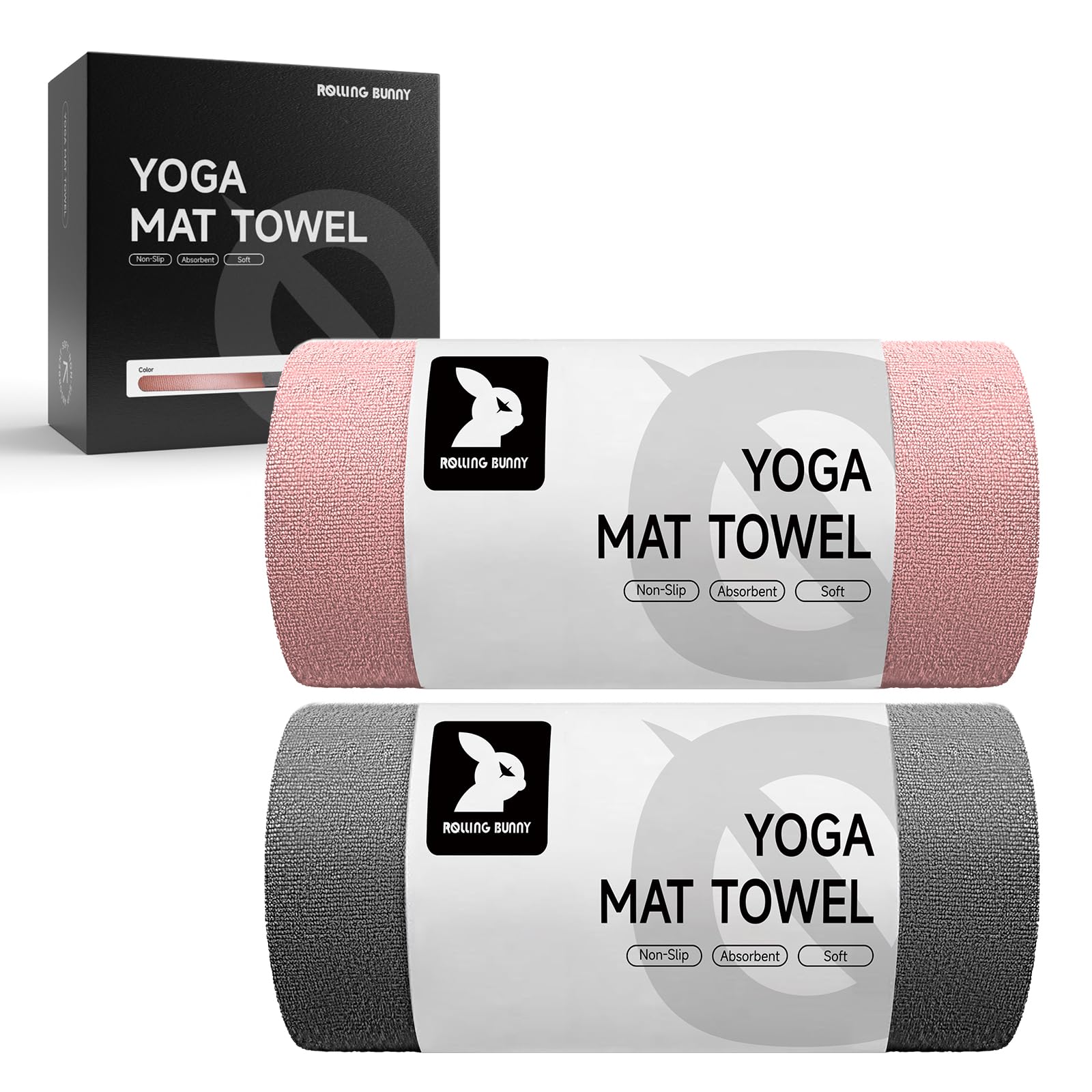 Photo 1 of RollingBunny Yoga Mat Towel - Non-Slip Microfiber for Hot Yoga & Pilates | Super Absorbent, Lightweight & Machine Washable 72"x25" (Pink + Gray)