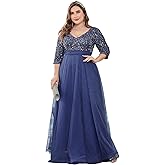 XUIBOL Plus Size Midnight Bridesmaid Evening Gown Diva Women's Floor Length Sequined Prom Dress Elbow Sleeves