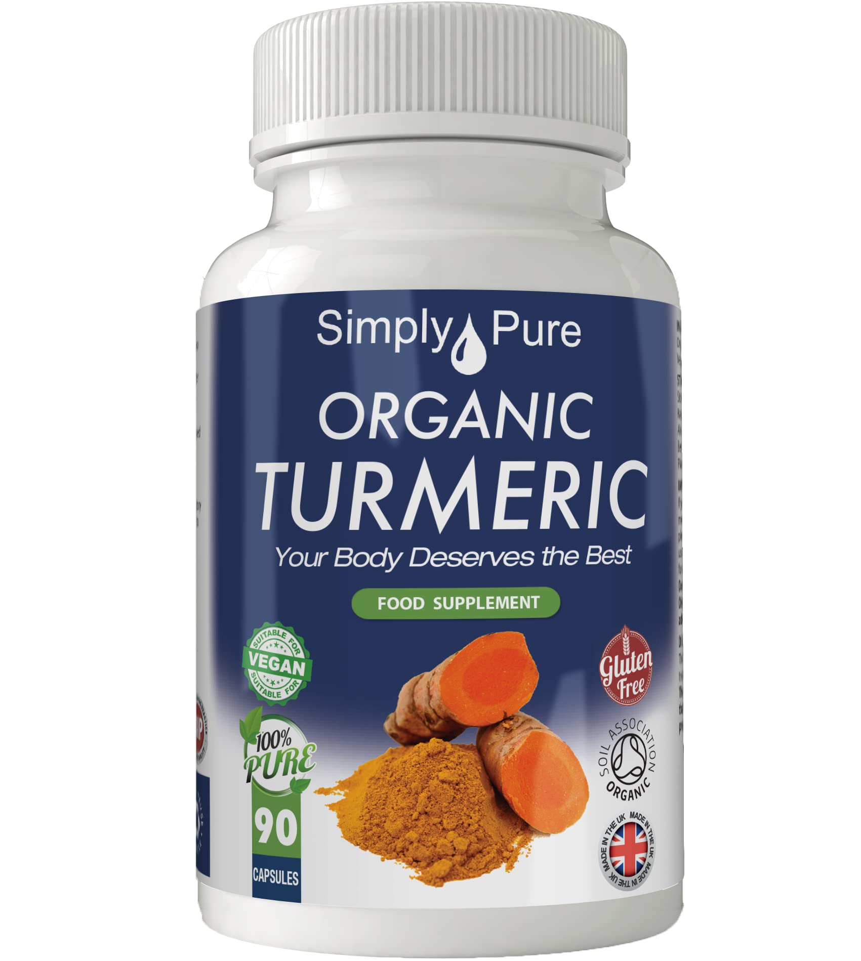 Simply Pure Organic Turmeric | Inflammation and Chronic Pain | 600mg Capsules x 90 | 100% Pure Soil Association Certified | Gluten Free | GM Free | Vegan