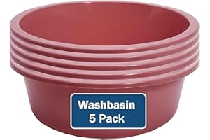 Plastic Wash Basin - 5 Pack of 5 Liter Round Plastic Tub with Rolled Rim - Good for Washing Veggies, Laundry, and Hands and F