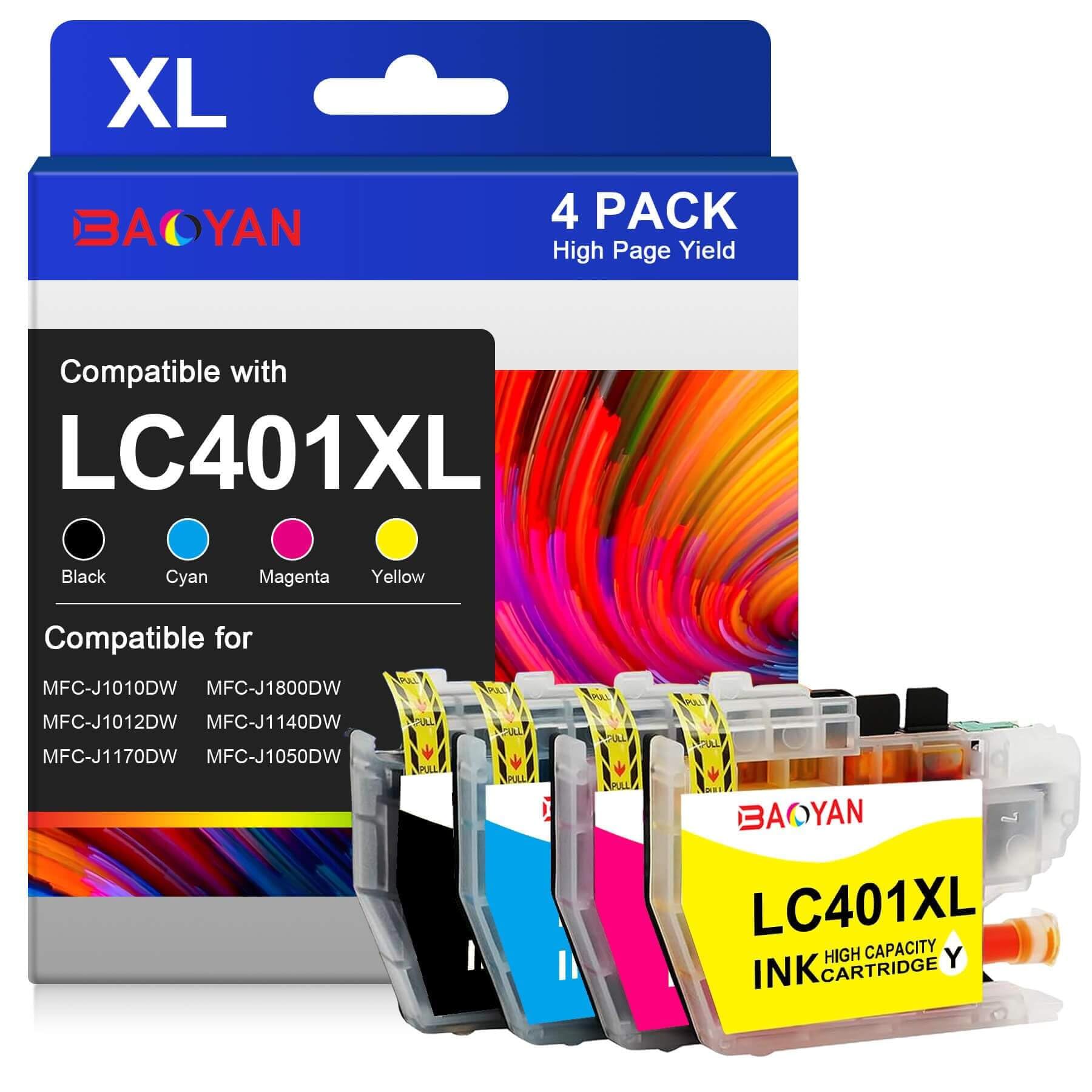Photo 1 of LC401XL LC401 MFC-J1010DW Ink Cartridges for Brother LC401 Ink cartridges for MFC-J1010DW MFC-J1170DW MFC-J1012DW MFC-J1800DW MFC J1010DW - 4 Pack High Yields (Black Cyan Magenta Yellow)