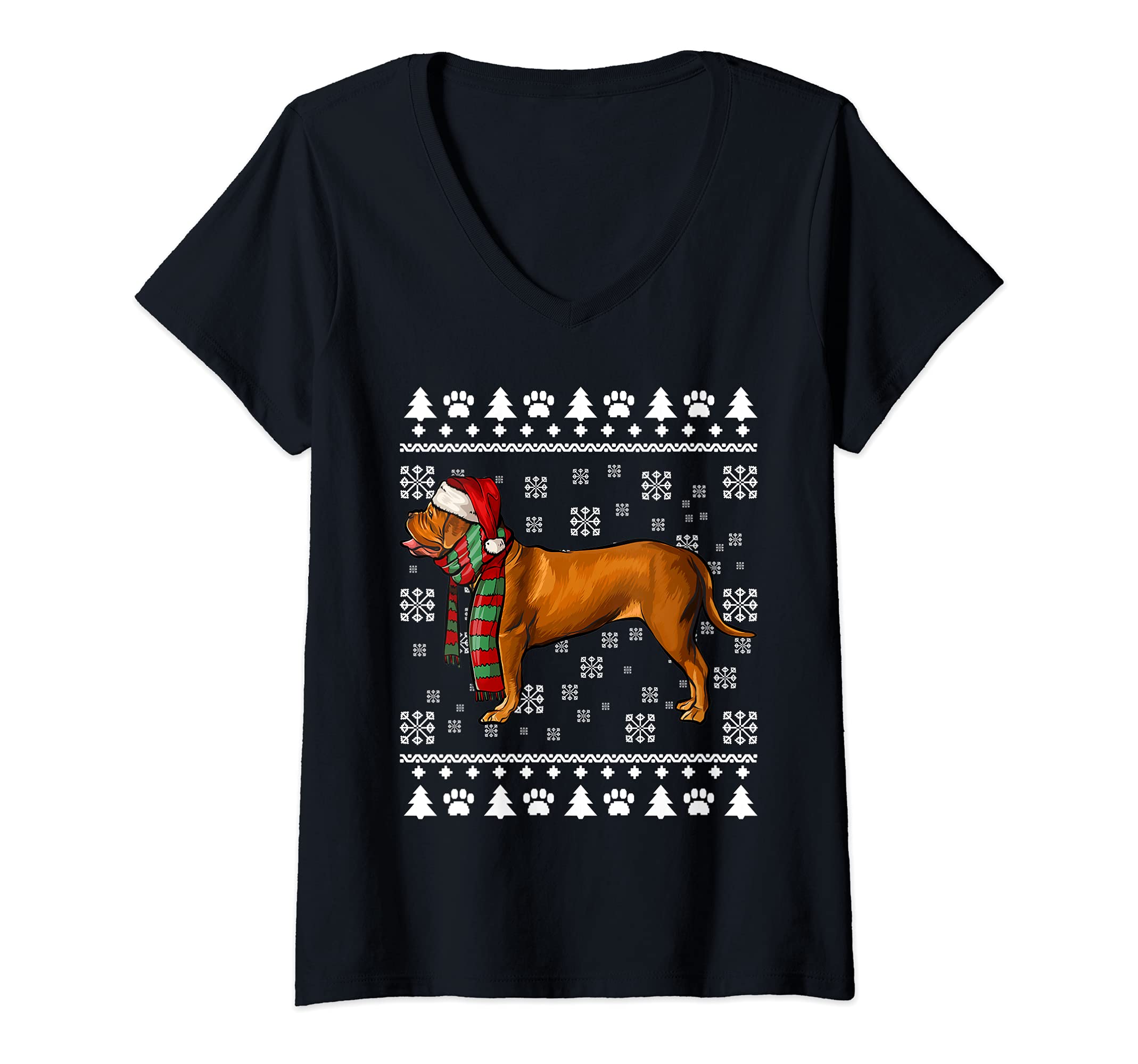 Womens Dogues de Bordeaux Dog Santa Hat Xmas Ugly Christmas V-Neck T-Shirt