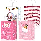 HOWAF 12Pcs Pink Christmas Gift Bags, Christmas Bag Bulk with Handle Xmas Paper Goodie Bags for Birthday Xmas Holiday Presents Party Supplies Gift Wrapping Candy Treat Bag Decorations