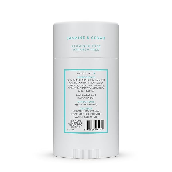 NATIVE DEODORANT CONTAINS NATURALLY DERIVED INGREDIENTS, 72 HOUR ODOR CONTROL, DEODORANT FOR WOMEN AND MEN, ALUMINUM FREE, JASMINE & CEDAR 2.65OZ
