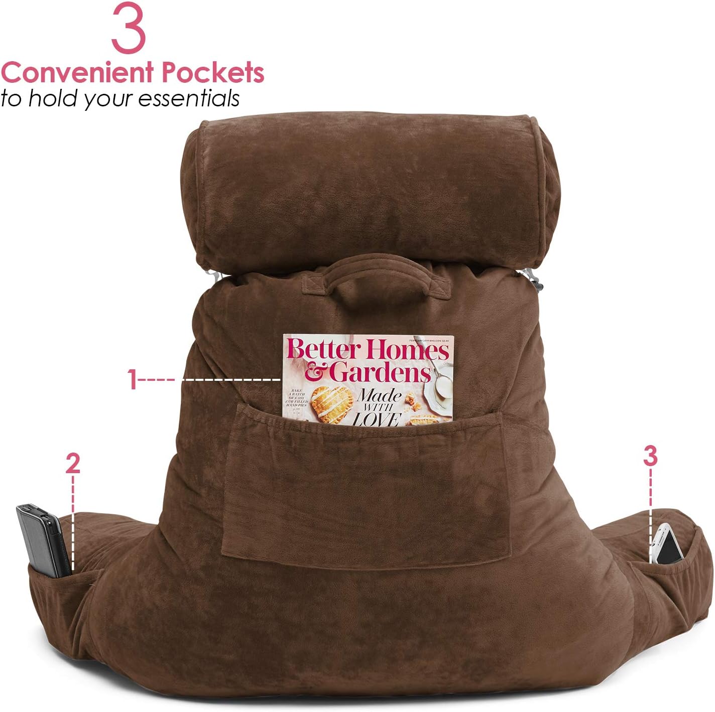 Clara Clark Bed Rest Reading Pillow with Arms and Pockets Premium Shredded Memory Foam, Detachable Neck Roll & Lumbar Support, Large, Brown: Home & Kitchen