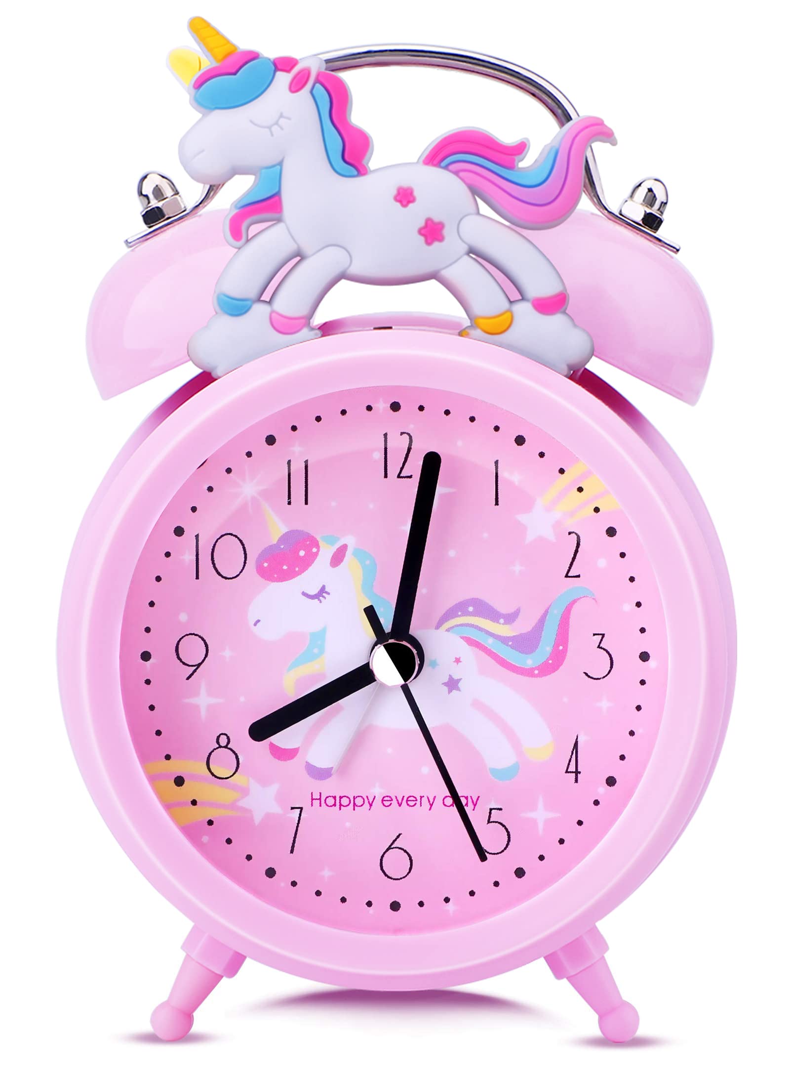 TCJJ Unicorn Clock for Girls,Non-Ticking Girls Pink Alarm Clock,Silent Bedside Alarm Clock With Night Light,Classic Loud Twin Bell Clock,Suitable for School Gifts