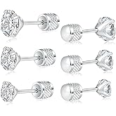 VOLUKA Titanium Cubic Zirconia Earrings- 3 Pairs of Push Back Hypoallergenic Surgical Grade Titanium Stud for Sensitive Ears for Women Men - 4/5/6MM White