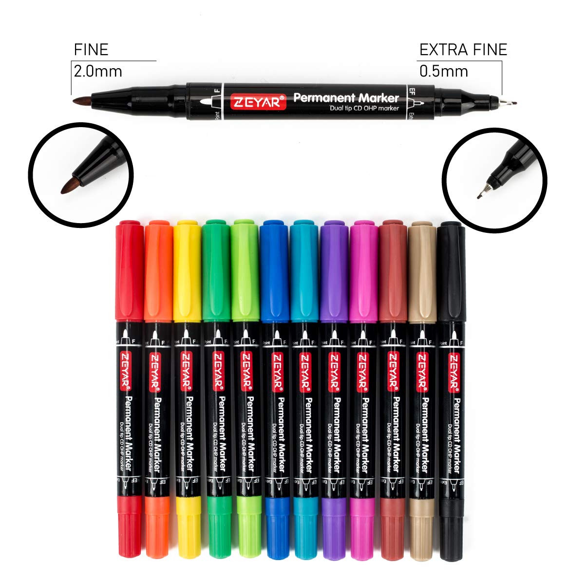 ZEYAR Twin Tip Permanent Markers, CD/DVD Markers, 12 Color, Ultra Fine Point and Fine Point for Signature and Marking (12 Colors)