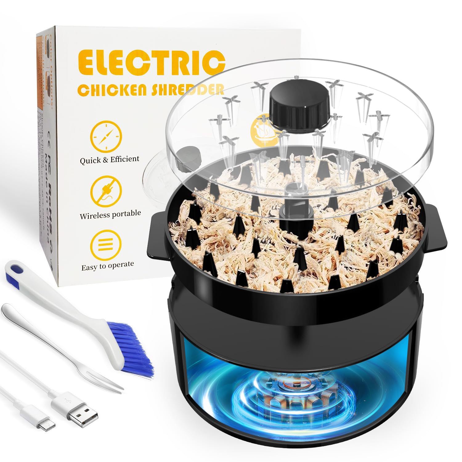 Photo 1 of Electric Chicken Shredder, Automatic Meat Shredder Tool Twist, USB Rechargeable Chicken Grinder Machine, with Brush & Fork, Suitable for Chicken Meat Beef Pork Breast, Dishwasher Safe (Black)