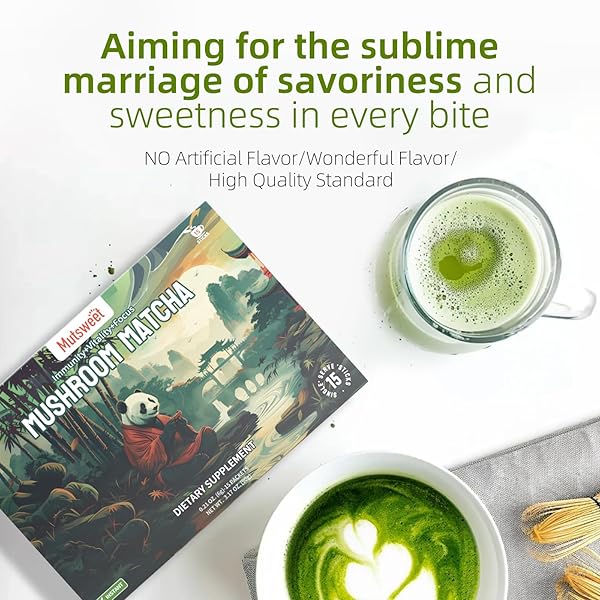 MUTSWEET MATCHA GREEN TEA POWDER WITH 10-IN-1 MUSHROOM & SKIMMED MILK POWDER, GLUTEN-FREE, NON-GMO, SWEETENED MATCHA LATTE BLEND, FOR NATURAL ENERGY, MEMORY, IMMUNE SUPPORT, PORTABLE 30 PACKETS