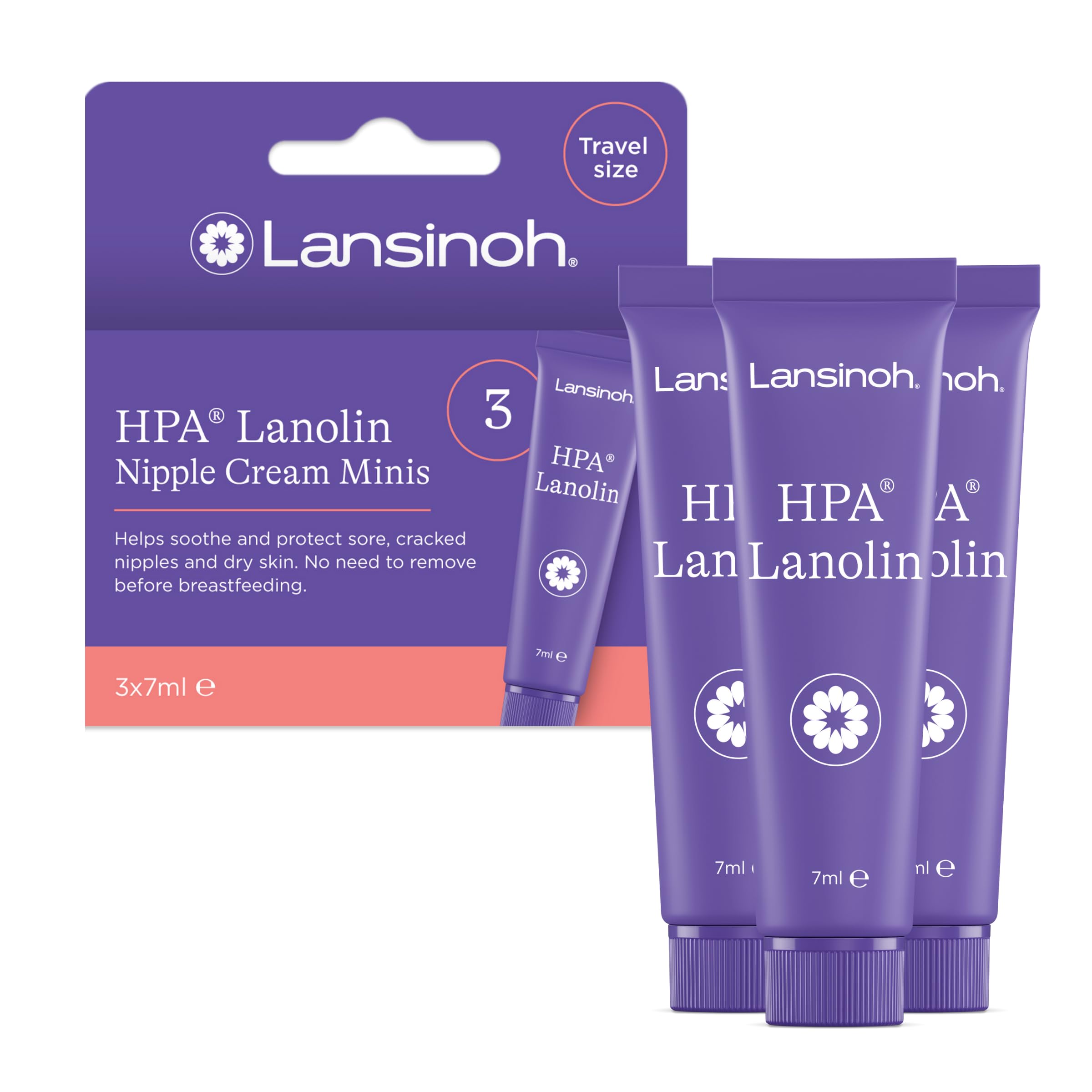 Lansinoh HPA Lanolin Nipple Cream - 3 x 7ml - Sore Nipples Cracked Skin Breast Feeding 100% Natural Hypoallergenic Tasteless & Odourless BPA BPS-free Breastfeeding Hospital Nappy Bag Essentials