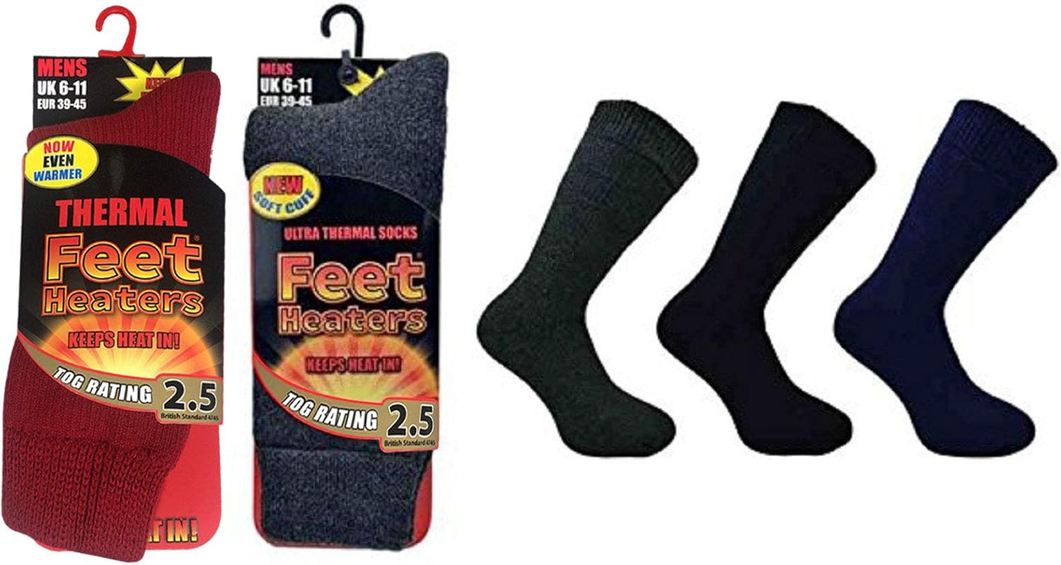 1 to 6 Pairs Mens Ultra Thermal Feet Heater Socks TOG 2.5 Assorted