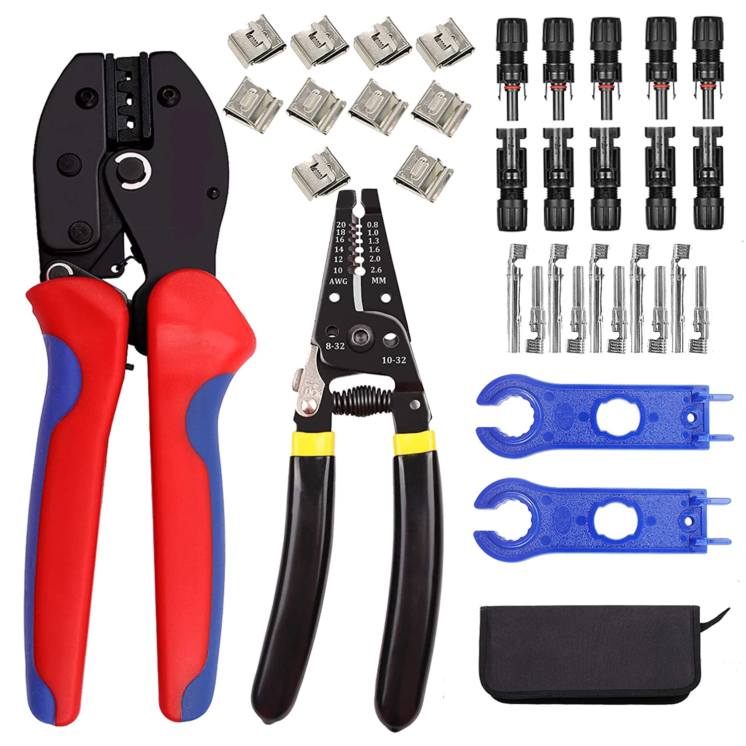 QeeHeng Crimping Tool Kit-Solar Cable Connector,1 Crimper,1 Wire Stripper,5 Pairs Male/Female Solar Panel Connectors, 2 Straight Wrenches,35PCS Solar Panel Wiring Kits