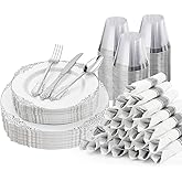 Bestluck 175PCS White and Silver Plastic Plates for 25 Guests, Disposable Dinnerware Sets Include 50 Plastic Plates, 25 Silverwares, 25 Cups, and 25 Pre Rolled Napkins for Party, Graduation