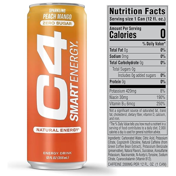 CELLUCOR C4 SMART ENERGY DRINK ‚ BOOST FOCUS AND ENERGY WITH ZERO SUGAR, NATURAL ENERGY, AND NOOTROPICS – 200MG CAFFEINE – PEACH MANGO (12OZ PACK OF 12)