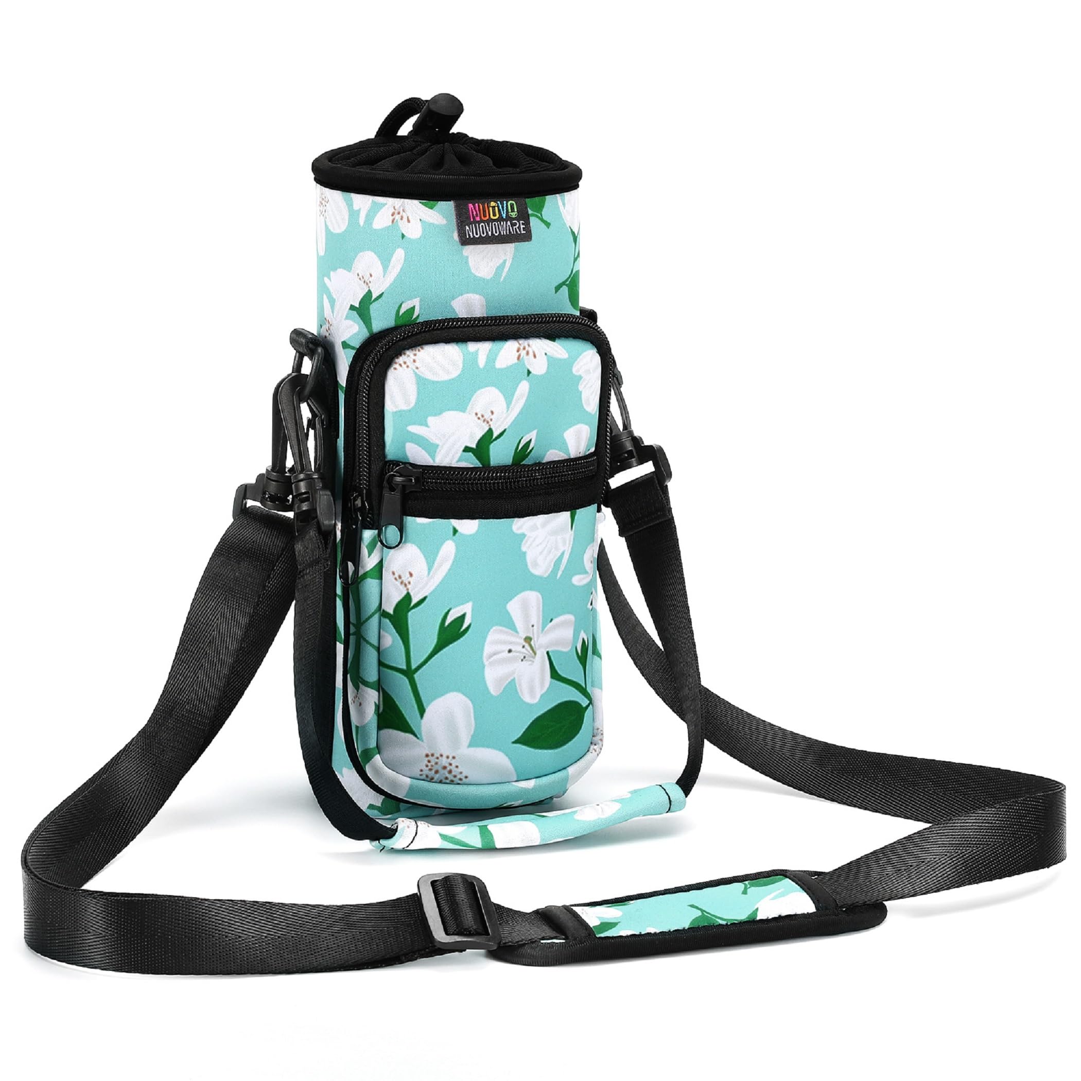 Nuovoware Water Bottle Carrier Bag, 750ml Bottle Pouch Holder, Adjustable Shoulder Hand Strap 2 Pocket Sling Neoprene Sleeve Sports Accessories for Gym Hiking Travelling, Green Lily
