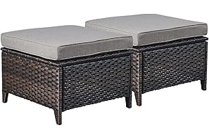 Rilyson Outdoor Ottoman Wicker Patio Ottomans - 2 Piece Footrest Footstools Set Rattan Outdoor Ottomans for Patio with Thick Cushions(Brown/Grey)