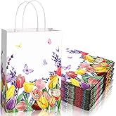 Tellingyou 24 Spring Tulips Lavender Floral Print Paper Gift Bags with Handle Floral Gift Bags for Candy Goodie Treat Wedding Birthday Baby Bridal Shower Party Supplies