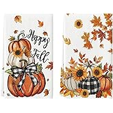 Artoid Mode Buffalo Plaid Bowknot Pumpkin Fall Kitchen Towels Dish Towels, 18x26 Inch Farmhouse Maple Leaves Decoration Hand Towels Set of 2