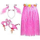 Janmercy 3 Pcs Hawaiian Luau Party Outfits Set Tropical Grass Hula Skirt Headbands Glitter Sunglasses for Women Beach