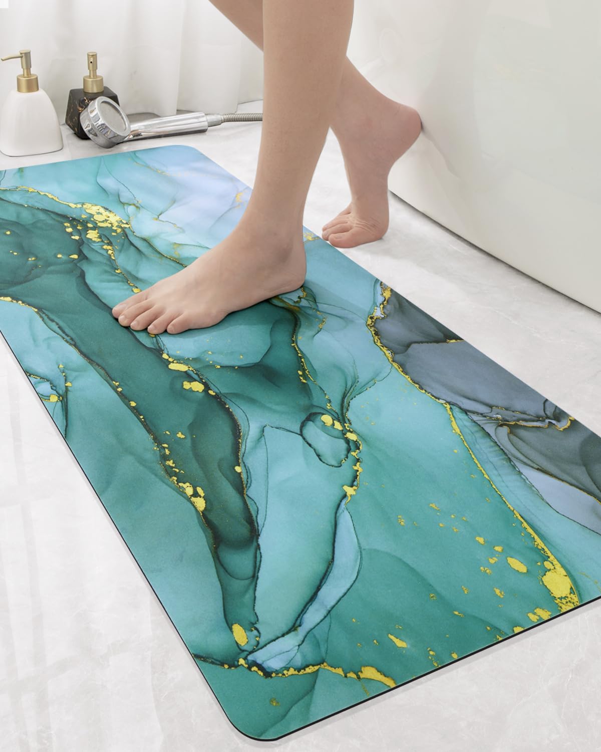 Photo 1 of DEXI Bathroom Mat Ultra Thin, Non Slip Bath Rug for Shower Floor, Absorbent Quick Dry Marble Bathmats Low Profile, 17x43, Turquoise Green