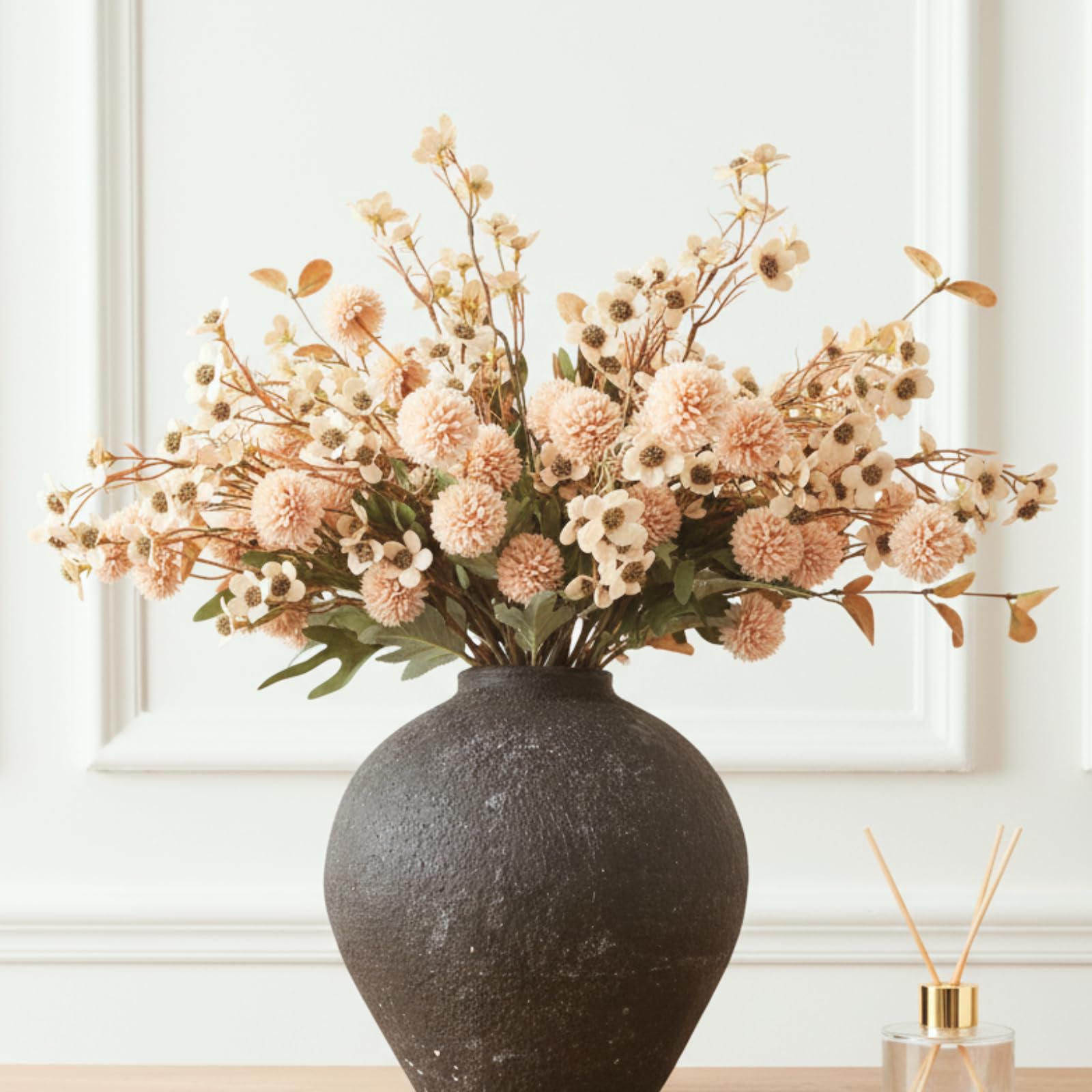 Photo 1 of Beige Silk Flower Arrangements For Home Decor, Large Floral Centerpieces For Tables, Fake Mums + Eucalyptus + Wild Flowers in Bulk, Long Stem Artificial Flowers Coffee Dining Table, Faux Mums Flowers
