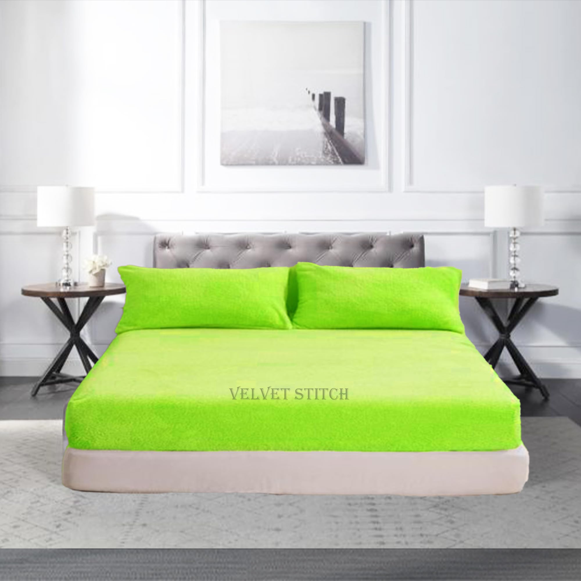 Teddy Fleece Fitted Bed Sheet Thermal Warm Luxury Fluffy Cuddly Cosy Bedding Super Soft Bedsheet (Lime, King)