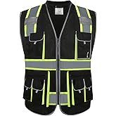 JKSafety 10 Pockets Hi-Vis Zipper Front Black Safety Vest | Cushioned Collar | High Reflective Tapes with Extended Neon Yellow Strips | Meets ANSI/ISEA Standards (Large, 89-Black)