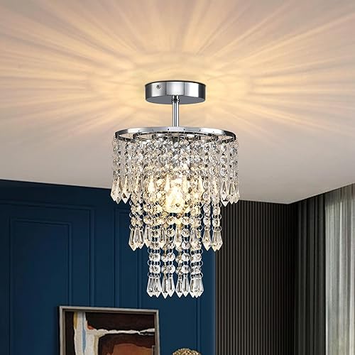 AHXIAOZN Modern Crystal Chandelier, Mini Semi Flush Mount, 3 Tier, Silver, 20*21cm, Living Room