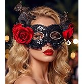 Maeaccx Black Lace Masquarede Mask for Women, Red Flower Sequins Antifaz, Crystal Accessories Cosplay Party