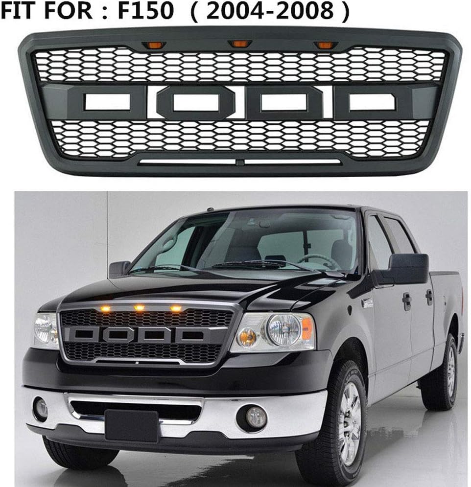 Racing Front Led Grill, Radiator ABS Black Mesh Raptor Style Grille, with 3 Amber Lights + Replaceable F/R Letters, for F-150 F150 2004-2008, Car Modified Accessories