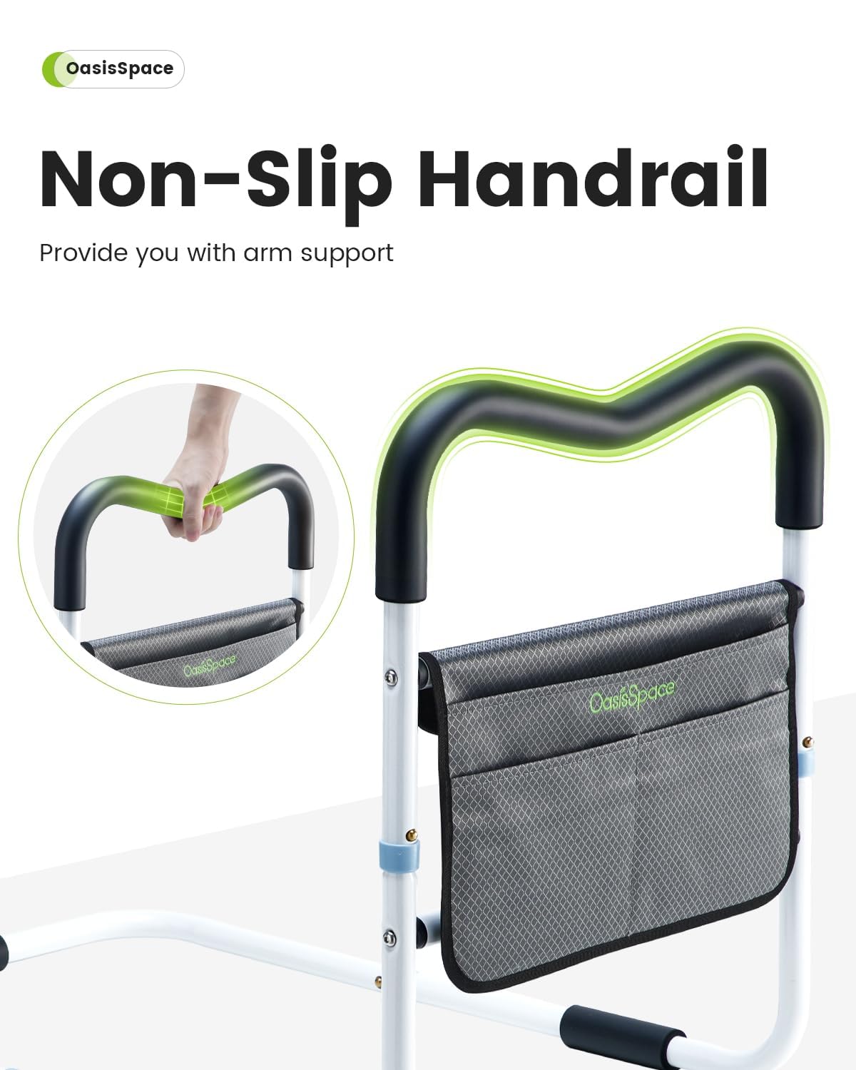 OasisSpace Bed Rail for Seniors, Medical Bed Assist Bar with Storage Pocket and Fall Prevention Safety Hand Guard Grab Bar for Elderly, Handicap- Fit King, Queen, Full, Twin