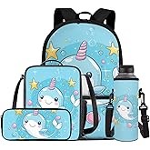 Gomyblomy Cartoon Dolphin Backpack for Girls 6-8 8-10 Cute Kids Backpack with Lunch Box Set of 4 Pcs Bookbag for Girls with Pencil Case Water Bottle Sleeve for Kindergarten Elementary Daypack