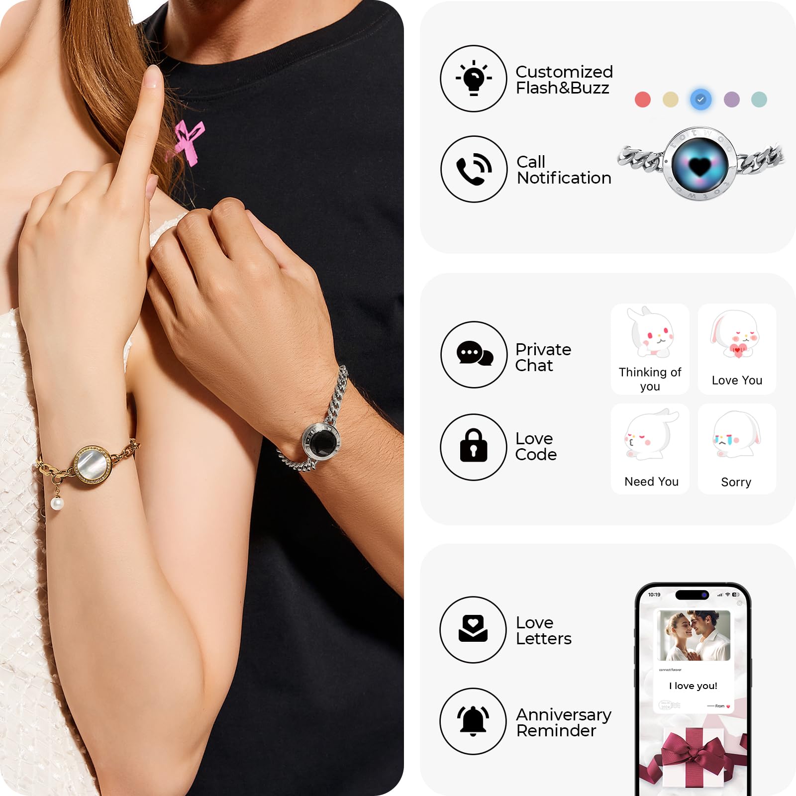 TOTWOO Touch Bracelets for Couples, Vibration & Light up for Love Couples Long Distance Relationship Gifts for Girlfriend Bluetooth Pairing Jewelry