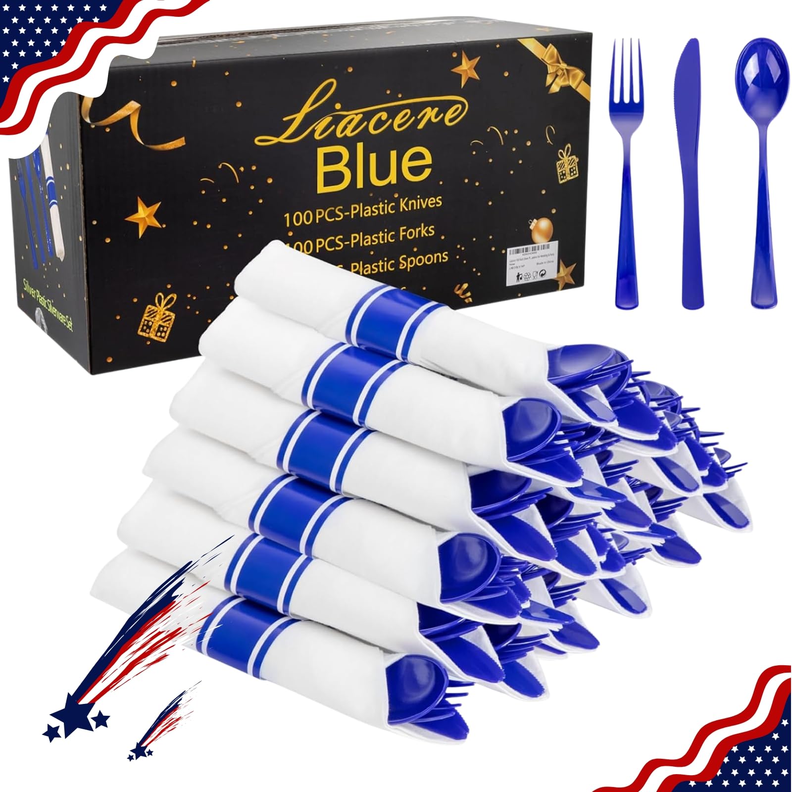 Liacere 100Pack Pre Rolled Blue Silverware and Napkin-Disposable Blue Plastic Utensils-Plastic Cutlery Set with Napkin:100 Forks,100 Knives,100 Spoons,100 Napkins for Wedding&Martin Luther King Jr Day Image
