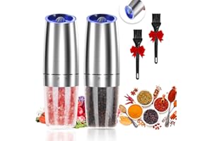 JOBKIM& Gravity Electric Pepper and Salt Grinder Set, Adjustable Coarseness, Automatic Shakers Mill Grinder with LED Light, Battery Powered, Upgraded Larger Capacity, One Hand Operated (Sliver 2 Pack)