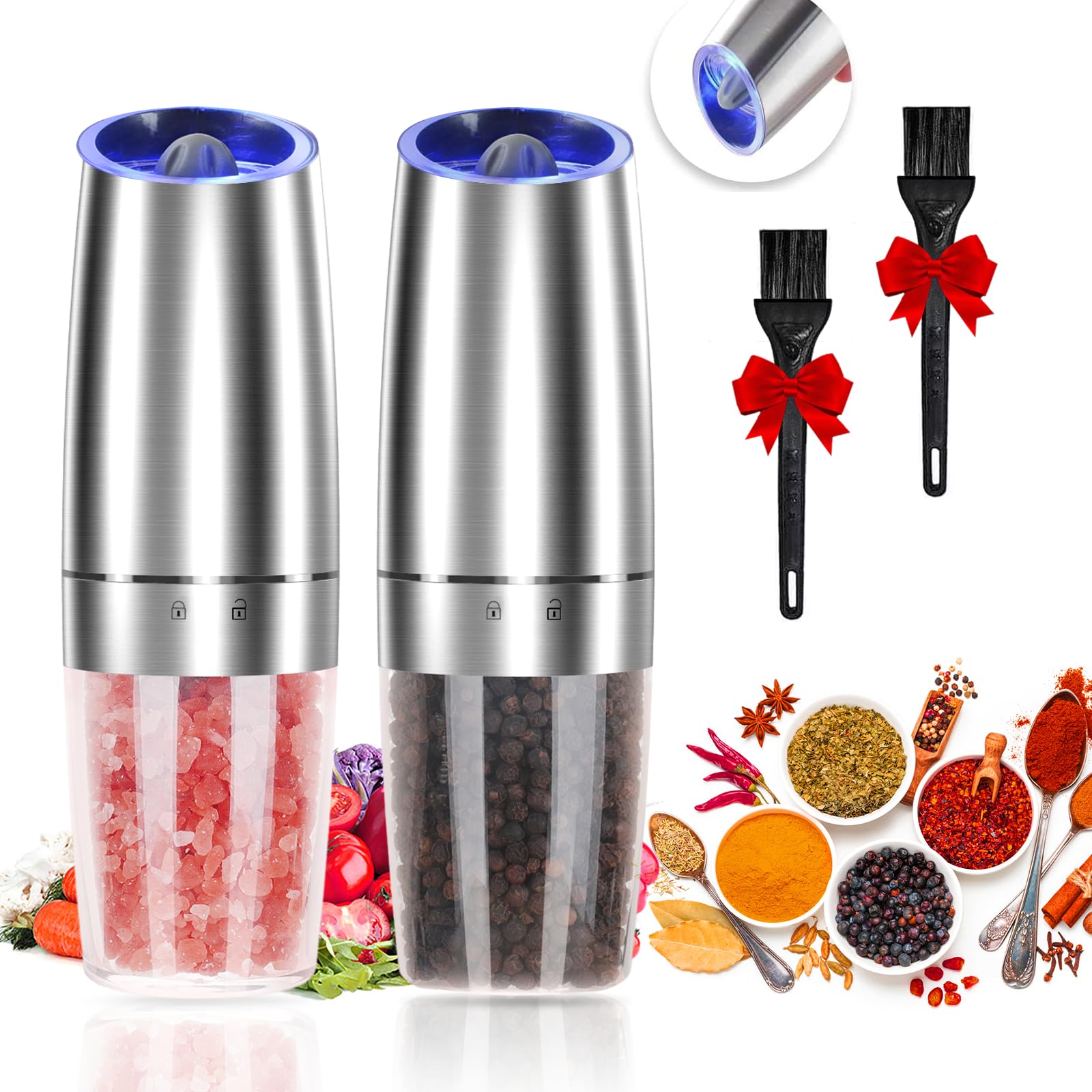 Photo 1 of *MINOR DAMAGE - USED*
Gravity Electric Pepper and Salt Grinder Set, Adjustable Coarseness, Automatic Shakers Mill Grinder with LED Light, Battery Powered, Upgraded Larger Capacity, One Hand Operated (Sliver 2 Pack)