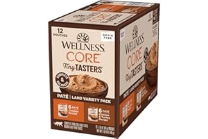 Wellness CORE Tiny Tasters Pate Adult Wet Cat Food, Natural, Protein-Rich, Grain Free, 1.75-Ounce Pouch, 12 Pack, (Land Variety Pack)