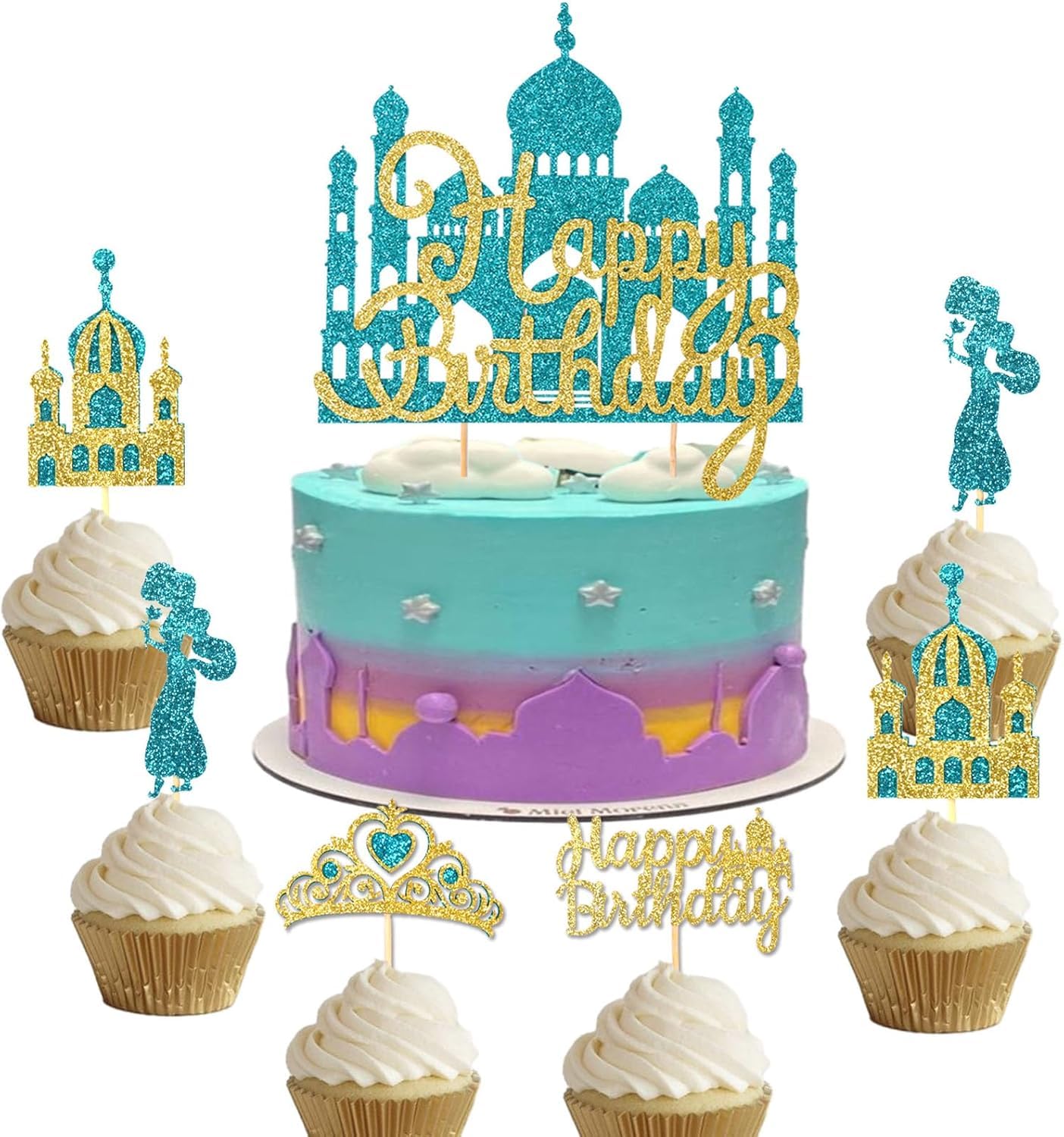 Photo 1 of 26Pcs Glitter Princess Cake Topper Set with Lake Blue Castle Gold Happy Birthday Cake Toppers Crown Cupcake Topper for Arabian Princess Birthday Baby Shower Costume Halloween Party Decor