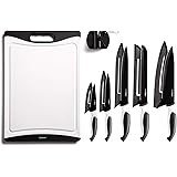 EatNeat 12-Piece Kitchen Knife Set - 5 Black Stainless Steel Knives with Sheaths, Cutting Board, and a Sharpener - Razor Shar
