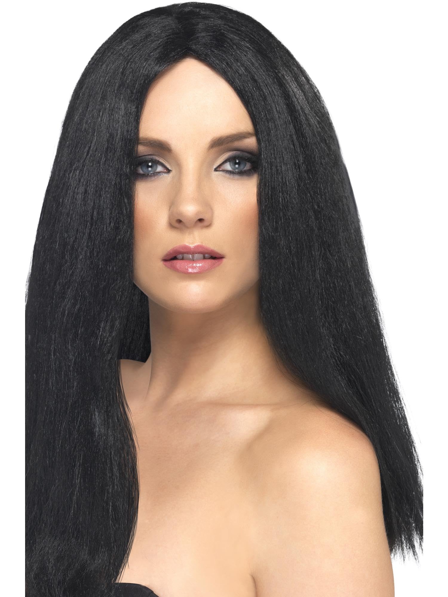 Smiffys Star Style Wig, Black 44cm / 17in Long, Straight, Ladies Glamour Wigs Fancy Dress, Adult Dress Up Wigs Halloween