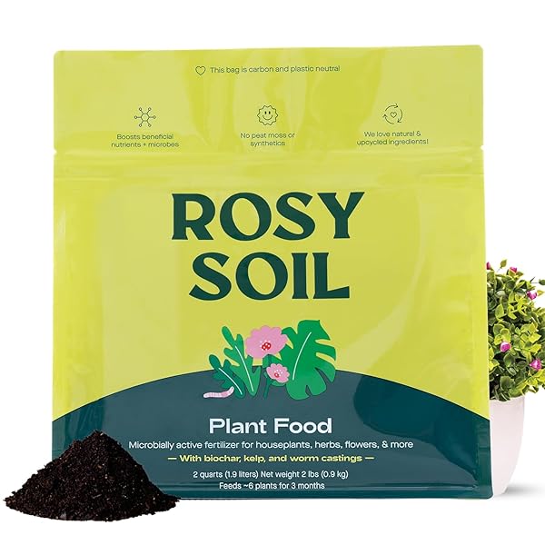 ROSY SOIL PLANT FOOD – MICROBIALLY ACTIVE FERTILIZER FOR HOUSEPLANTS, HERBS, FLOWERS – ENRICHED WITH BIOCHAR, KELP, AND WORM CASTINGS – ORGANIC FOOD FOR HEALTHY GROWTH – 2 QUARTS