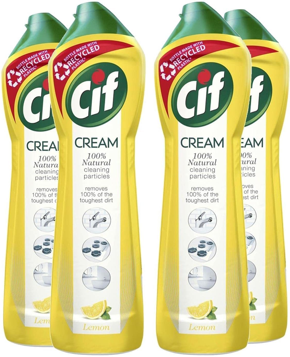 Cif Pack of 4 Lemon Cream Cleaner multipurpose surface cleaner with 100% natural cleaning particles removes 100% of the toughest dirt 500 ml