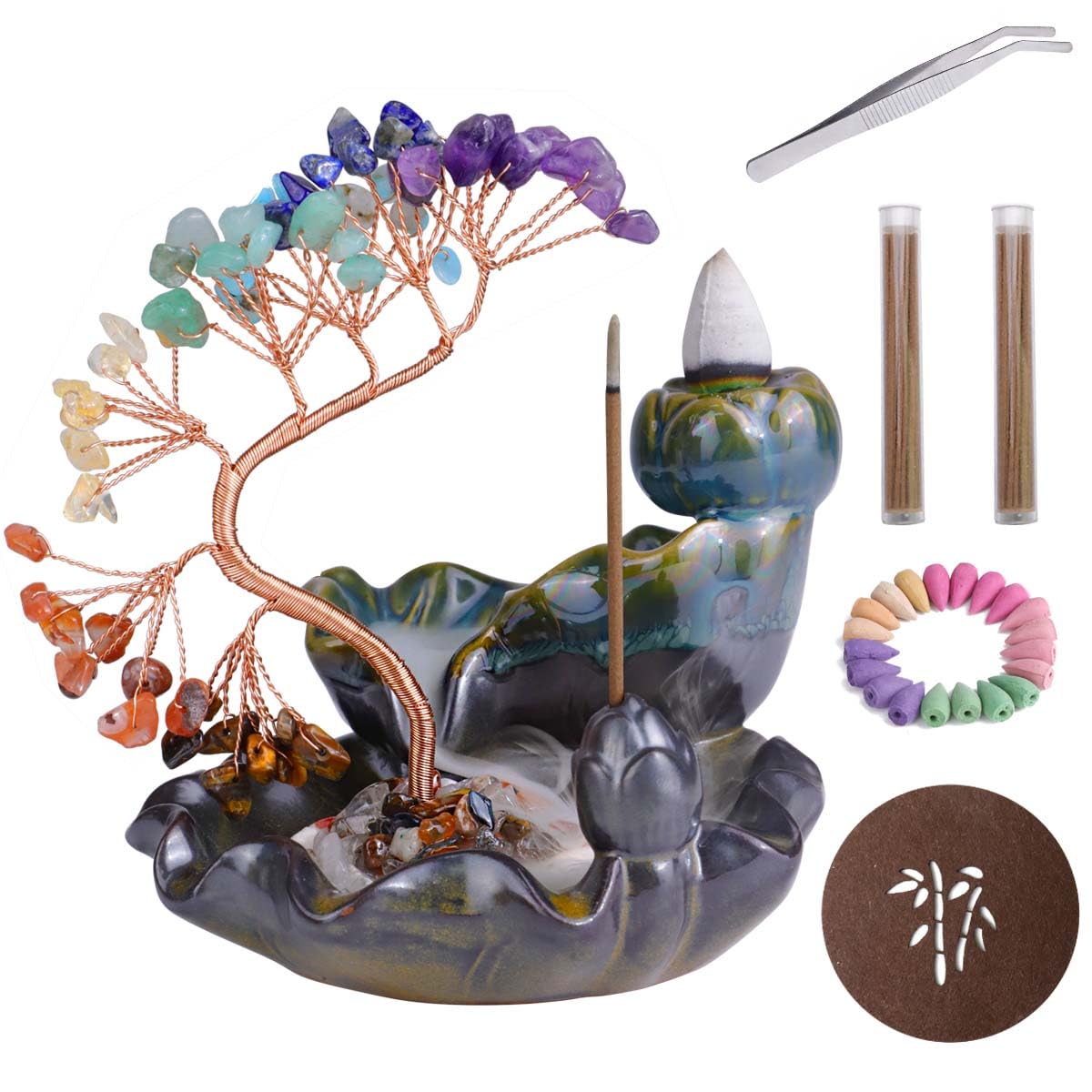 BOJVESH Waterfall Incense Burner With Crystals Tree, 7 Chakra Crystal Censer, Backflow Holder, 60 Cones, 30 Sticks, Aromatherapy Ornament Home Decor
