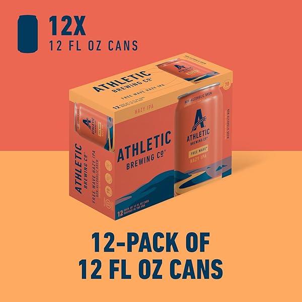 ATHLETIC BREWING COMPANY CRAFT NON ALCOHOLIC BEER, LOW CALORIE HAZY IPA, PAIR WITH SALAD, PIZZA, & DESSERTS, VEGAN HOPS BLEND WITH FLORAL & CITRUS NOTES, FREE WAVE, 12 PACK, 12 FL OZ CANS