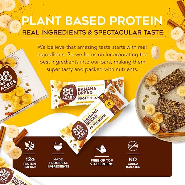 88 ACRES PUMPKIN SEED PROTEIN BARS, BANANA BREAD, 9 COUNT, 12G PLANT-BASED PROTEIN, GLUTEN FREE, NUT FREE, SCHOOL SAFE SNACK BAR, VEGAN, NON-GMO, INDIVIDUALLY WRAPPED