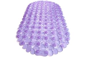 TIKE SMART “Pebbles” Non-Slip Bathtub & Shower Mat 27”x14” Oval - Non-Toxic - Safe, Clean, Machine-Washable, Superior Grip & Drainage, Vinyl, for Smooth Floors ONLY, Transparent Purple