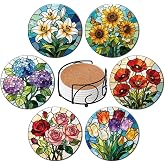 ANATTASOUL Stained Glass Flowers Ceramic Coasters Set of 6 with Holder | Absorbent Drink Coasters 4.05