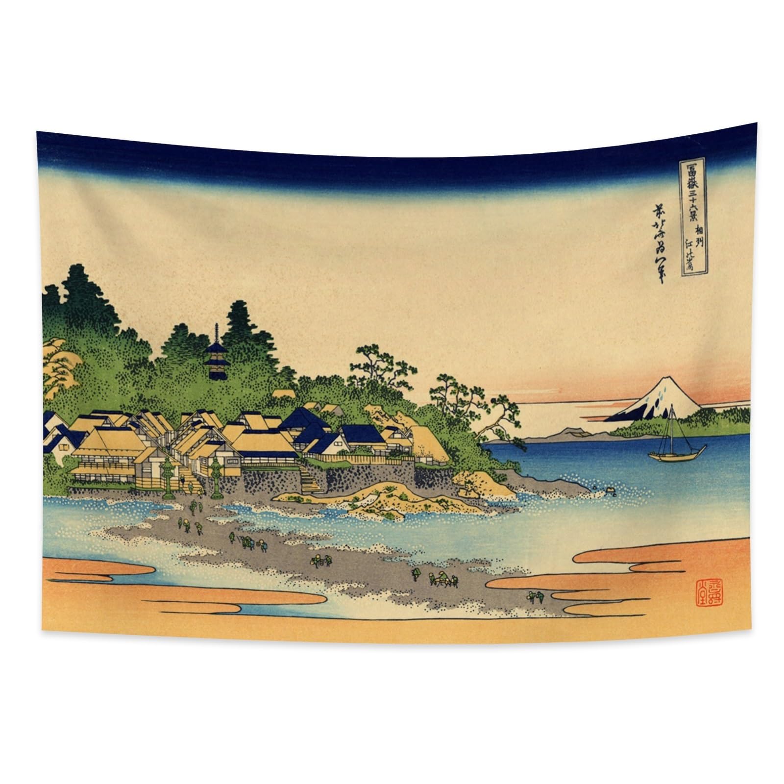 YONGFOTO 100x70cm Ukiyo-e Tapestry Mount Fuji 36 Views Room Wall Hanging Enoshima in The Sagami Province Landscape Wall Art Japanese Traditional Painting Toyo Style Tapestries