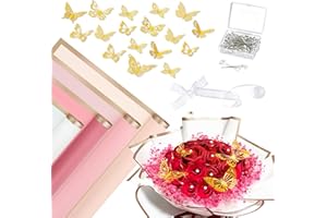 MAUPROY 20 Sheets Flower Bouquet Wrapping Paper Set, Floral Wrapping Paper Florist Supplies with 48 Pcs 3D Gold Butterflies, 100 Pcs Diamond Pins and Ribbons for Mother's Day DIY Bouquets (Mixed Pink)